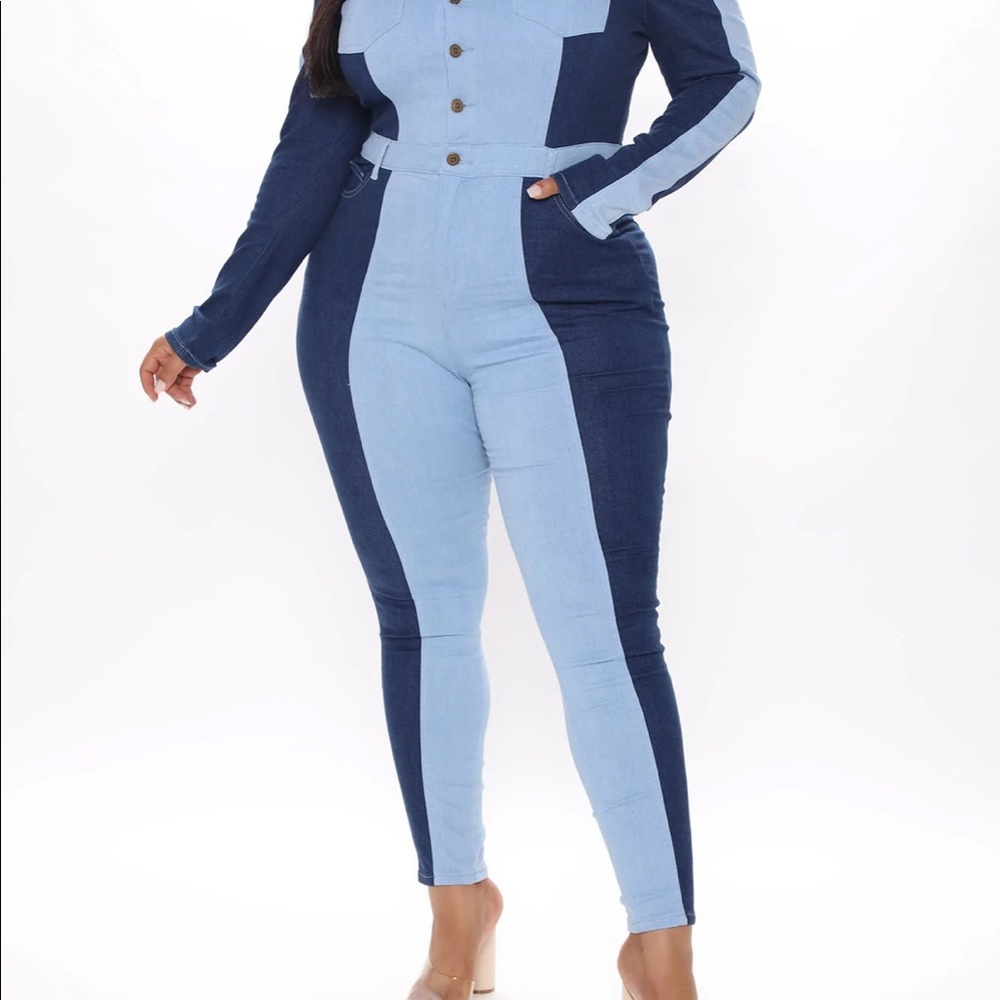 NWT Fashion Nova Curve Color Block Denim Jumpsuit
